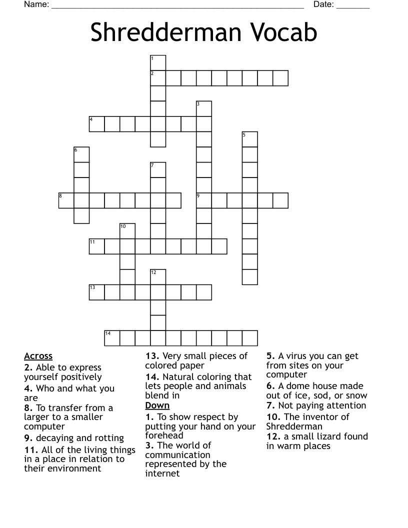 Shredderman Vocab Crossword