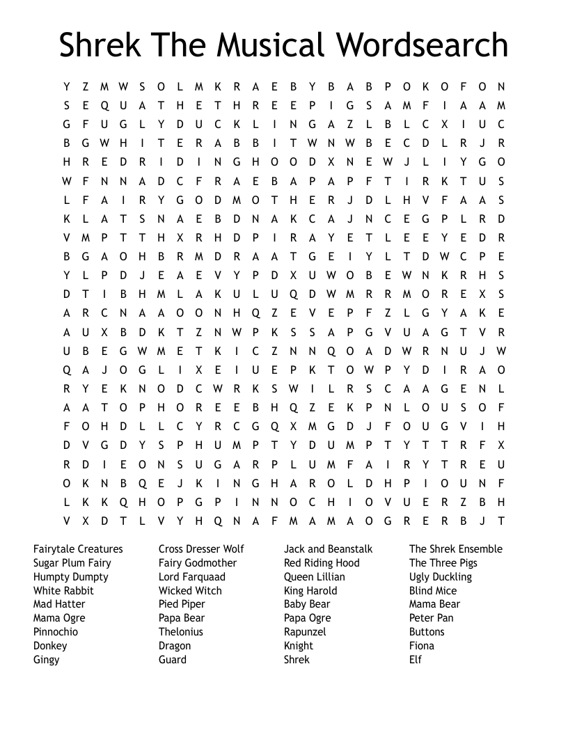 Shrek The Musical Wordsearch