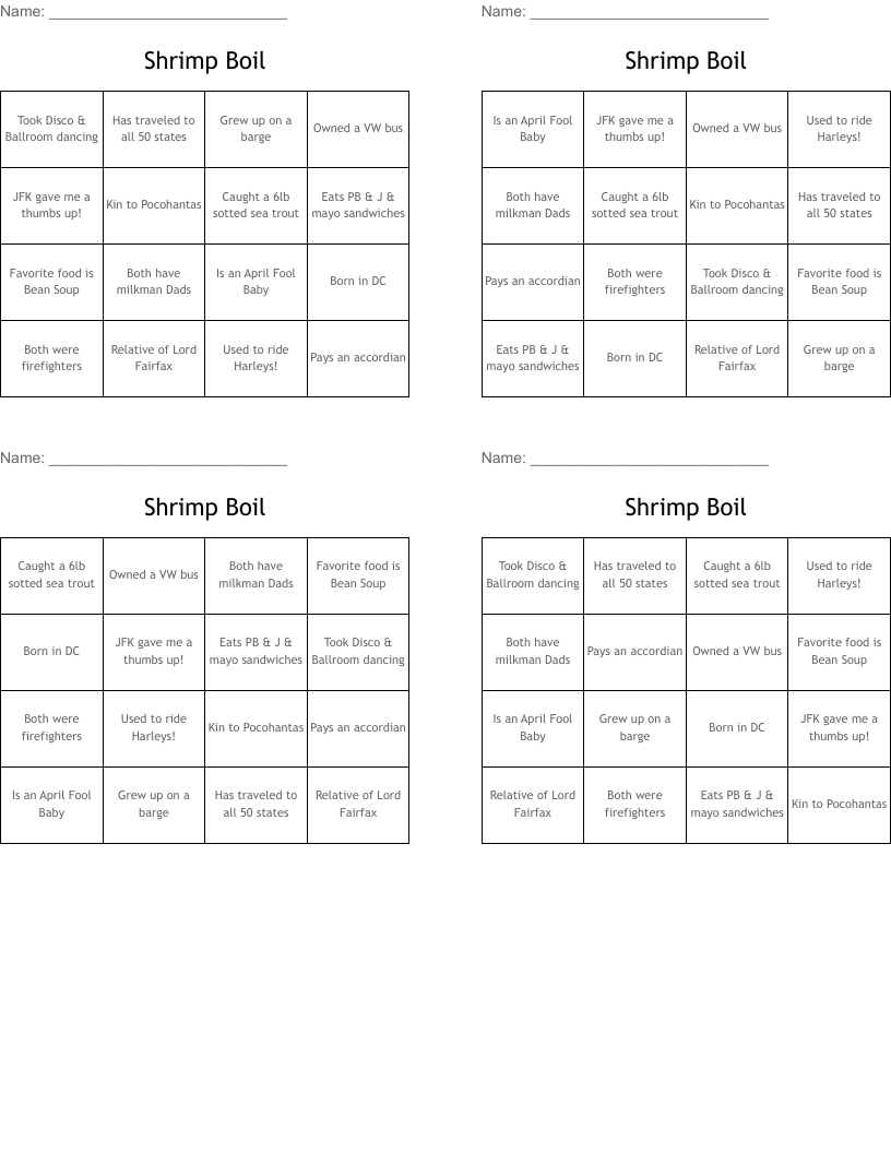 Shrimp Boil Bingo Cards
