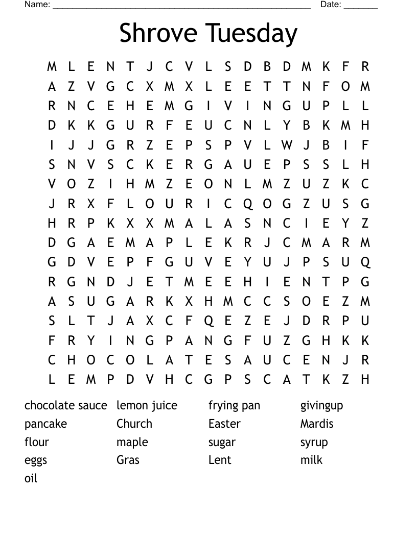 Shrove Tuesday Word Search