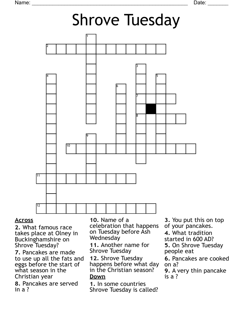 Shrove Tuesday  Crossword