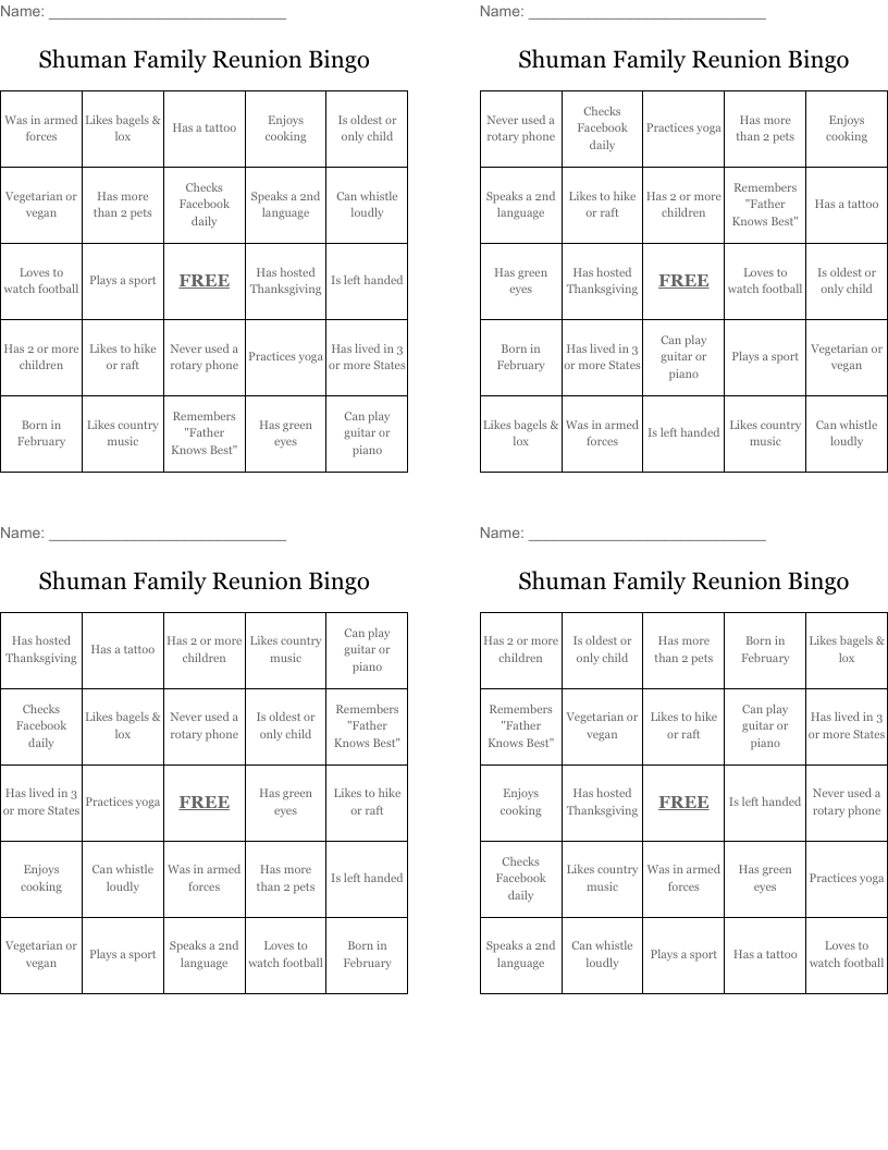 Shuman Family Reunion Bingo