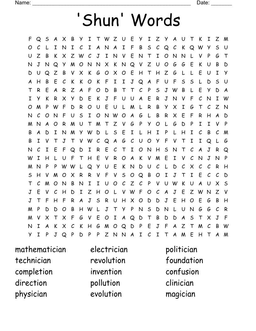 'Shun' Words Word Search