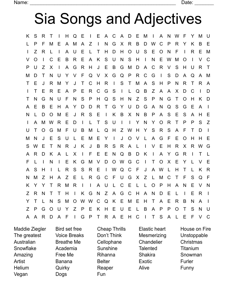 Sia Songs and Adjectives Word Search