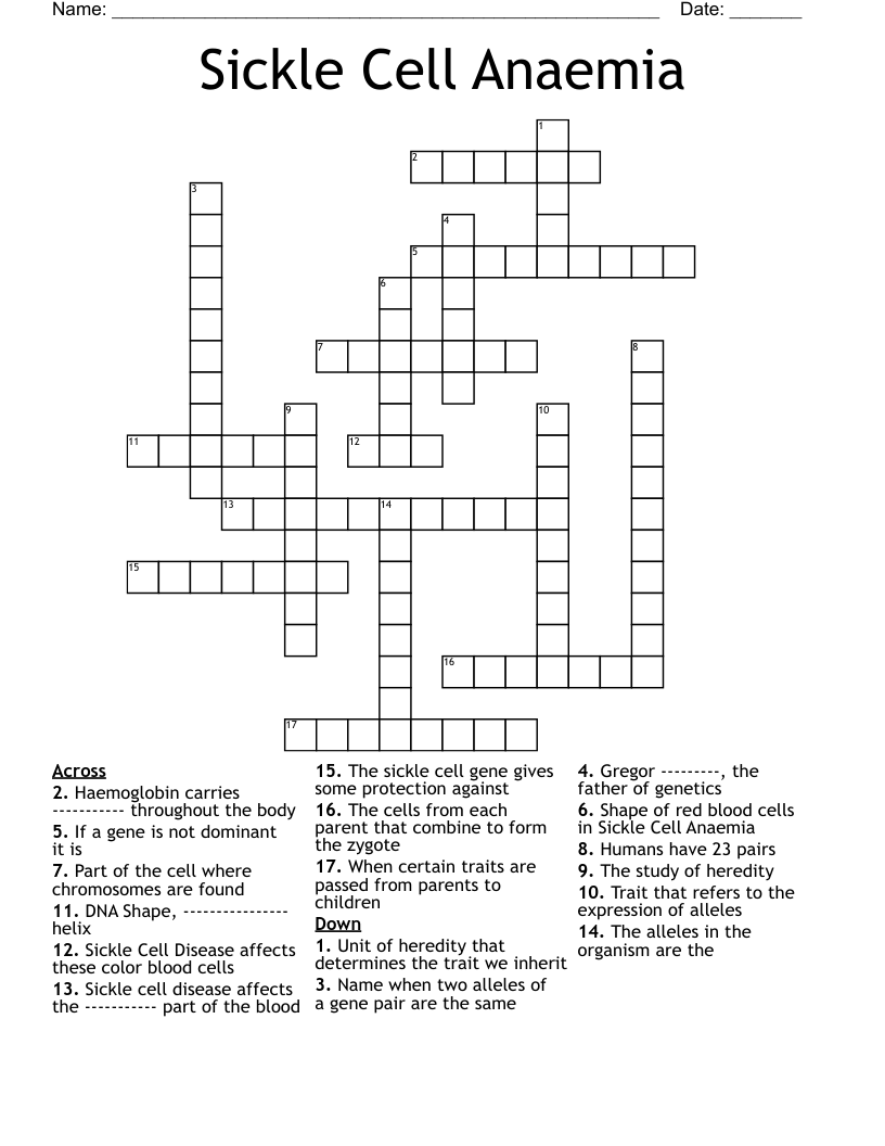 Sickle Cell Anaemia Crossword