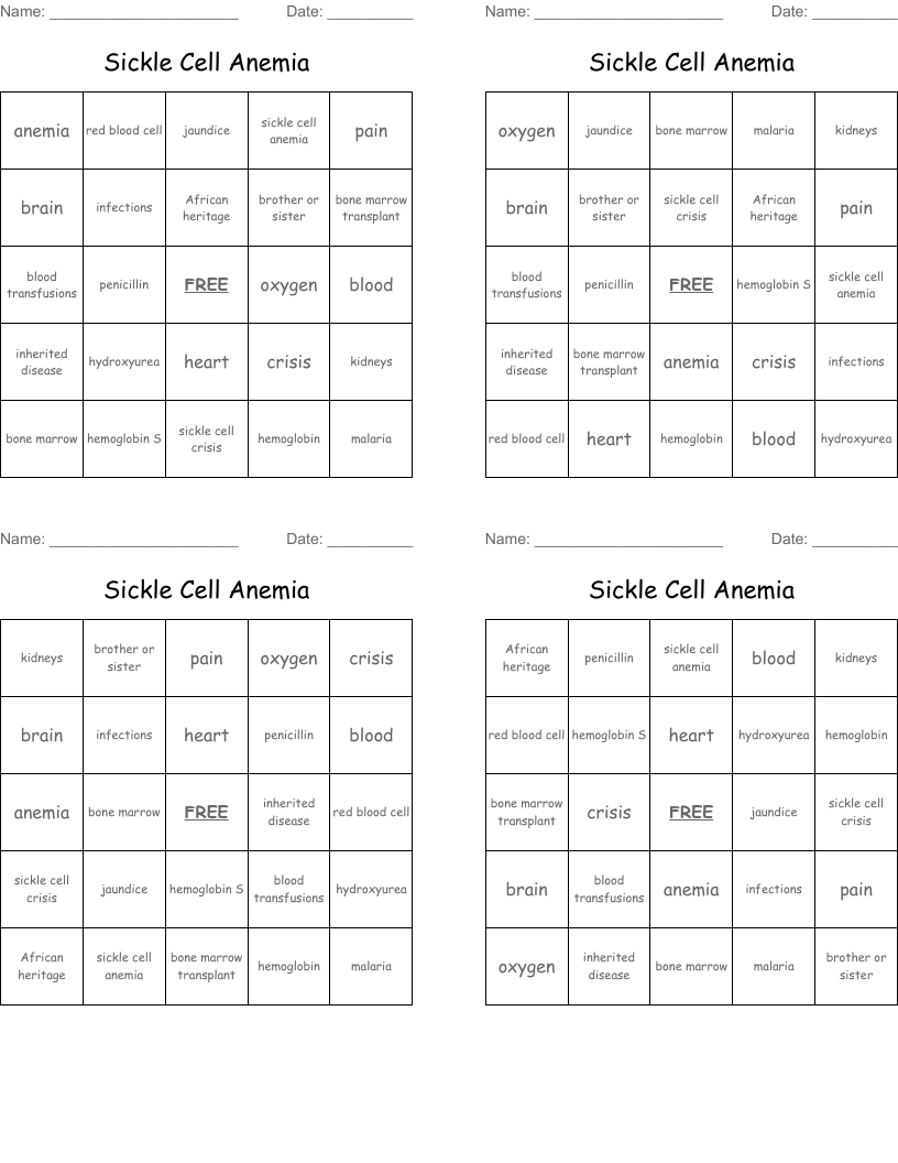 Sickle Cell Anemia Bingo Cards