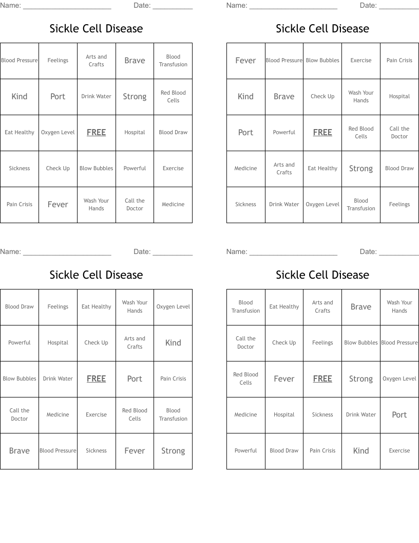 Sickle Cell Disease Bingo Cards