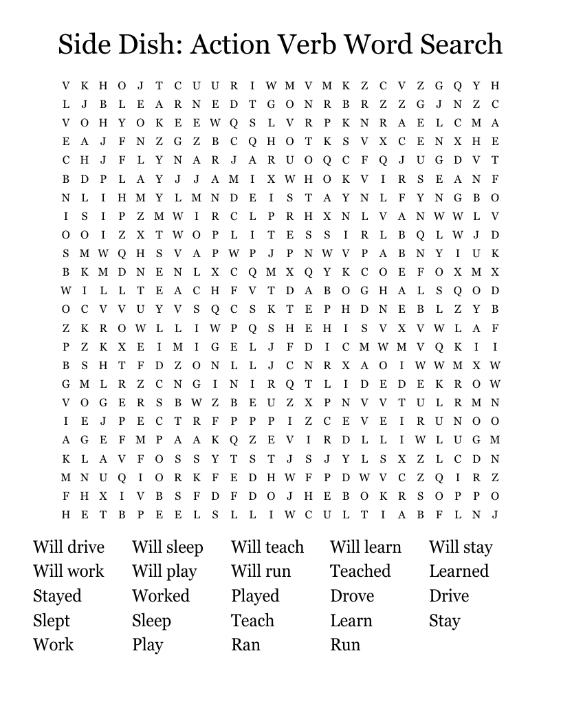 Side Dish: Action Verb Word Search