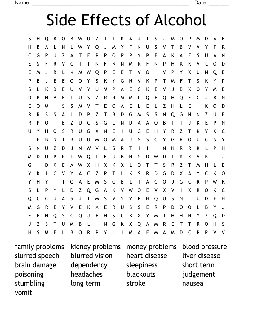 Side Effects of Alcohol Word Search