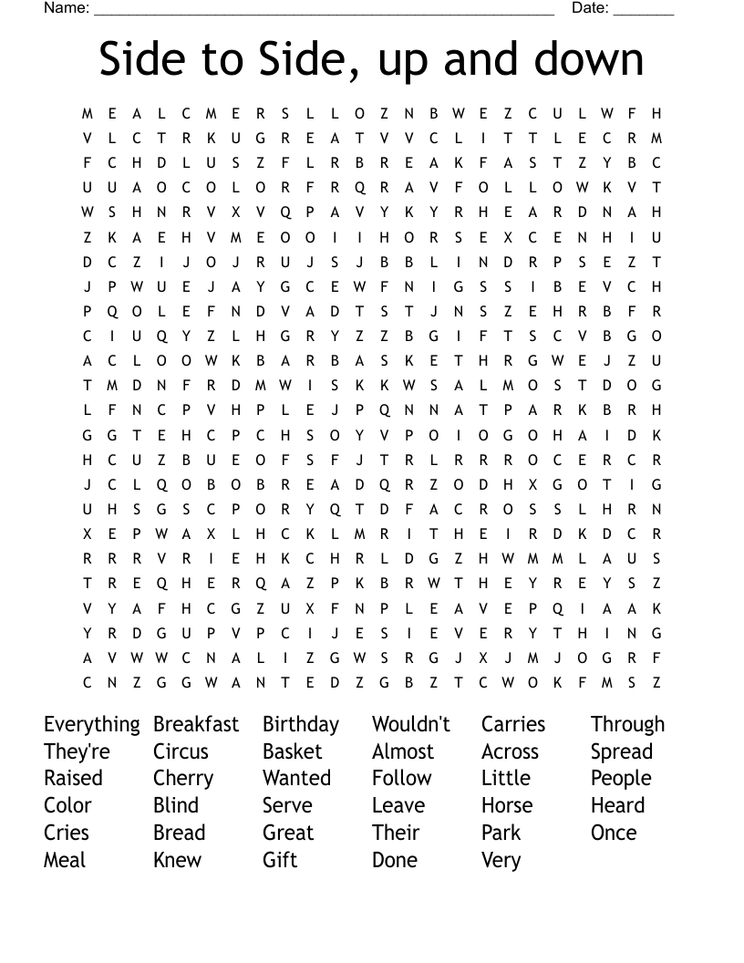 Side to Side, up and down Word Search