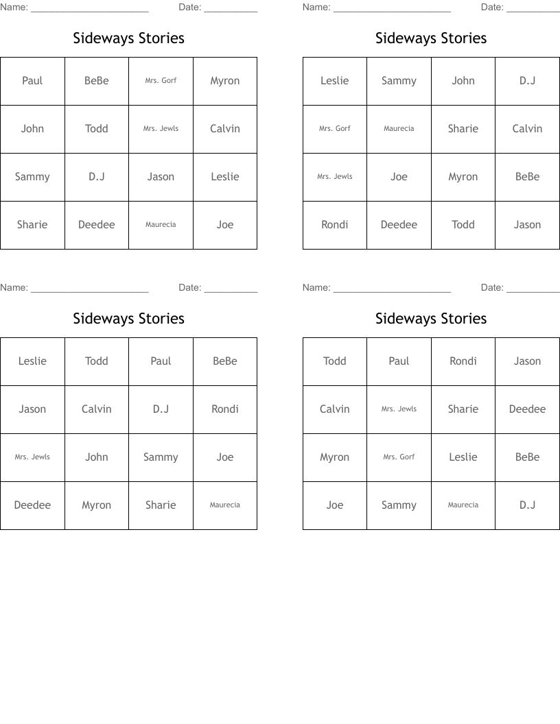 Sideways Stories Bingo Cards