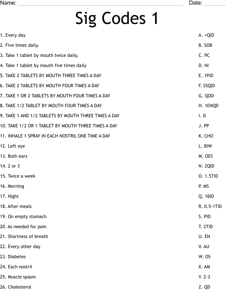 Sig Codes 1 Worksheet