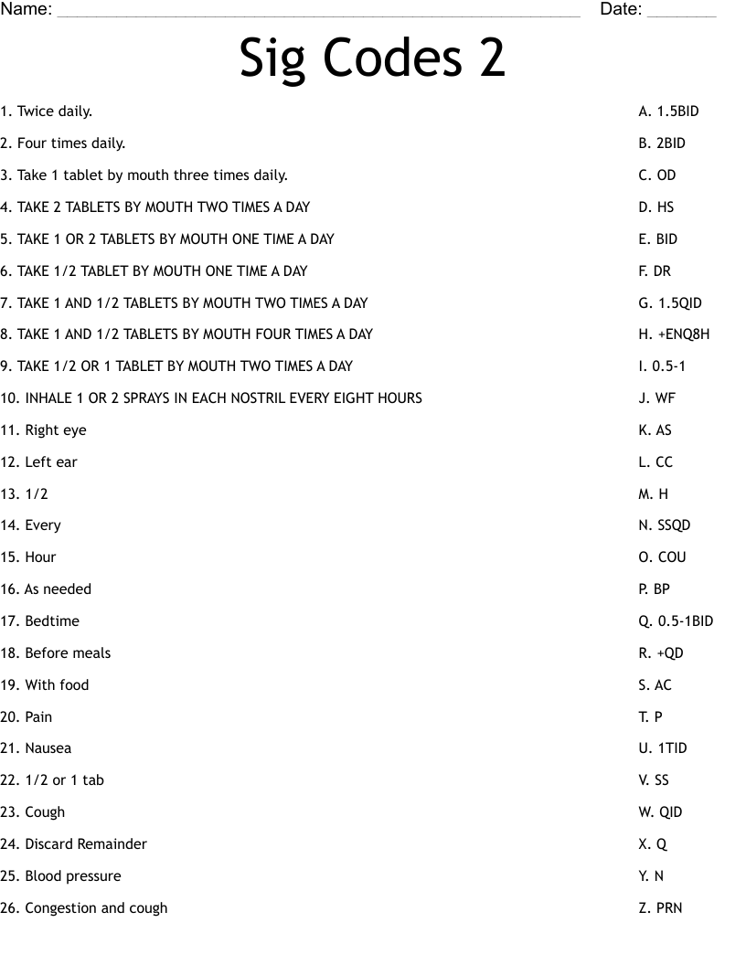 Sig Codes 2 Worksheet