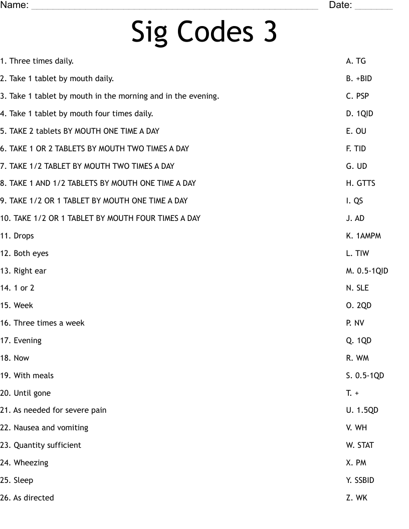 Sig Codes 3 Worksheet