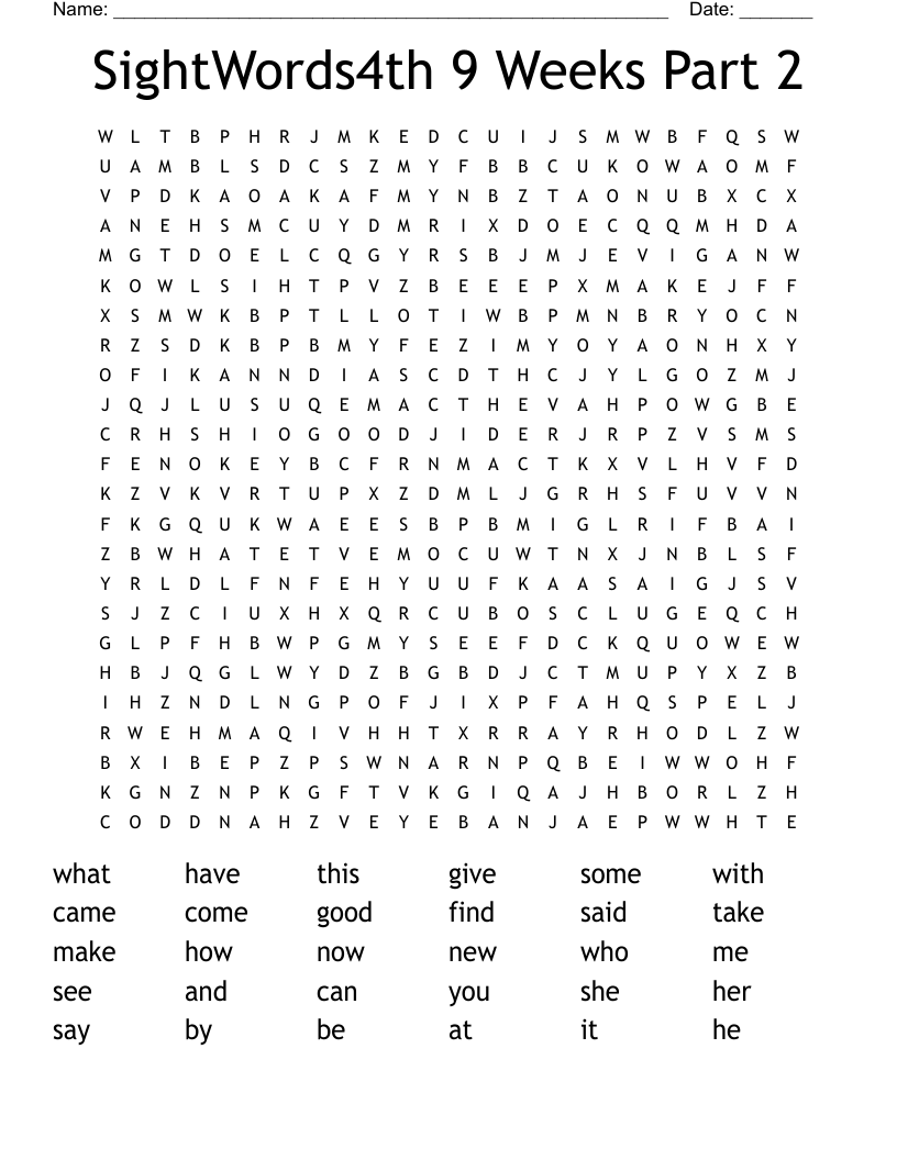 SightWords4th 9 Weeks Part 2 Word Search