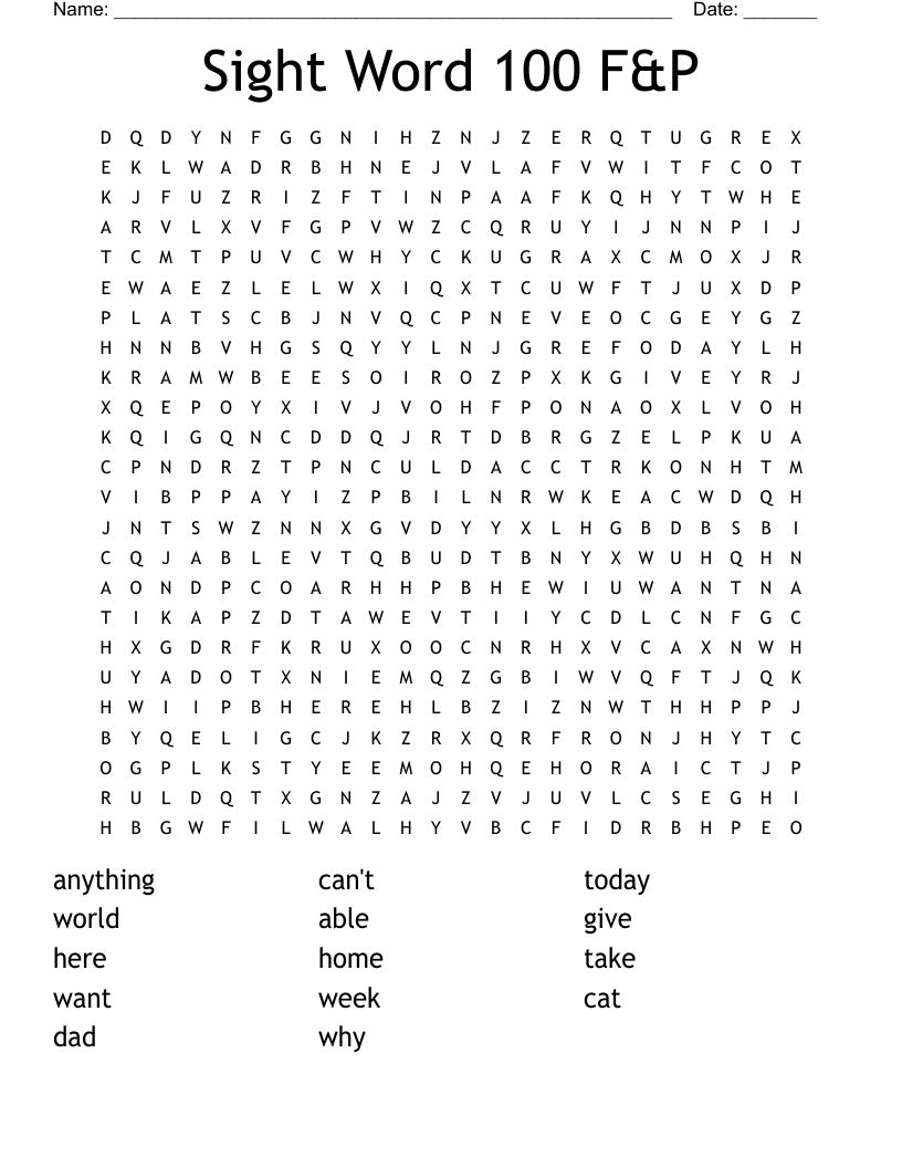 Sight Word 100 F&P Word Search