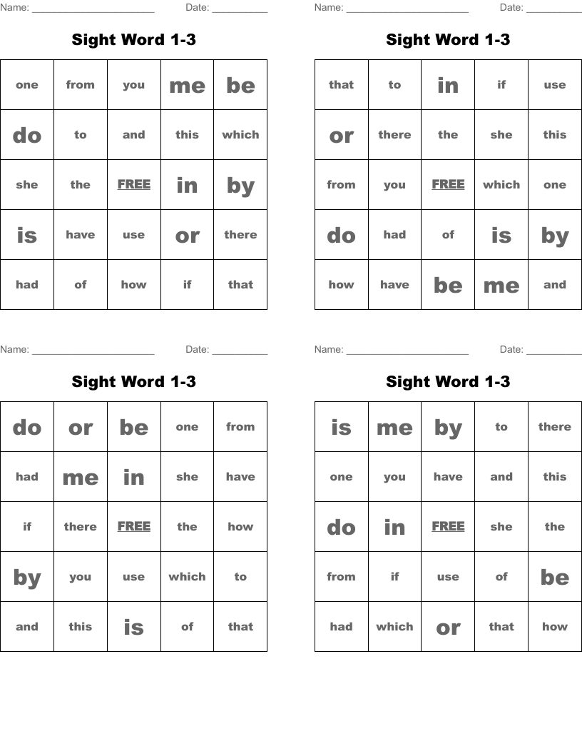 Sight Word 1-3 Bingo Cards