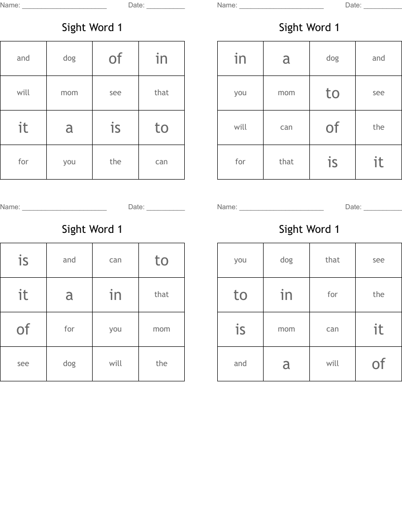 Sight Word 1 Bingo Cards