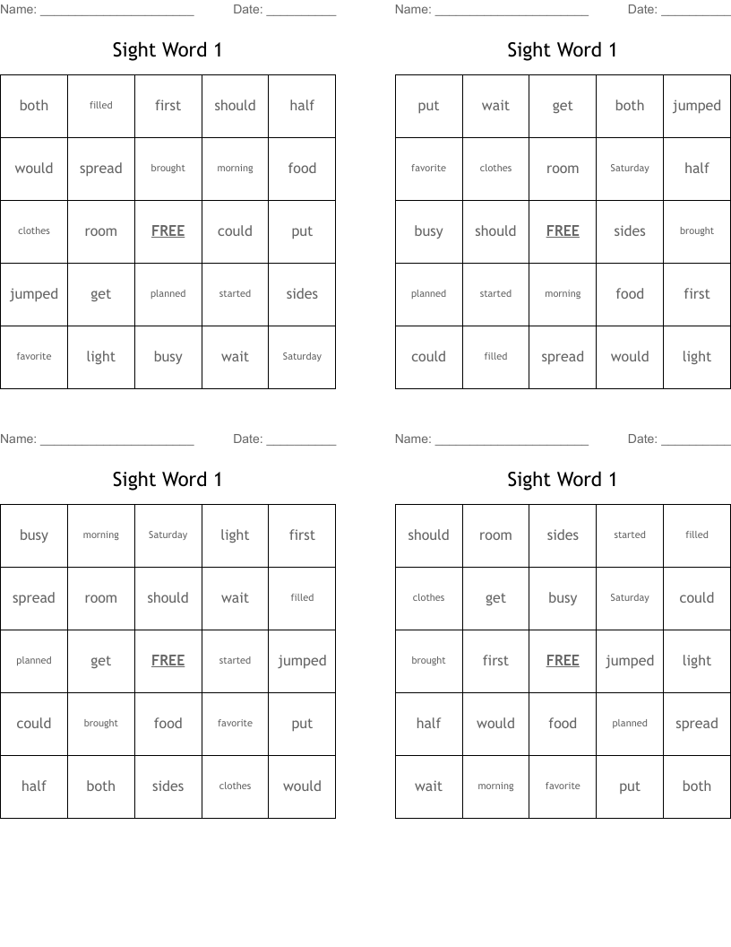 Sight Word 1 Bingo Cards