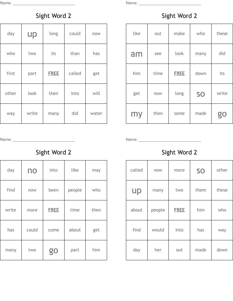 Sight Word 2 Bingo Cards