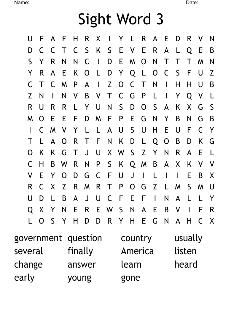 Sight Word 3 Word Search