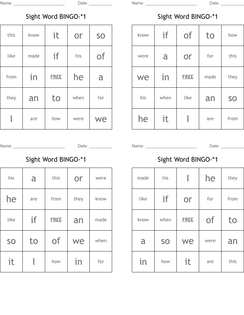 Sight Word BINGO-*1