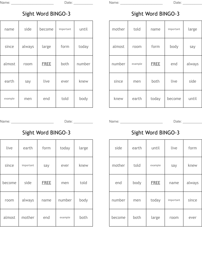 Sight Word BINGO-3