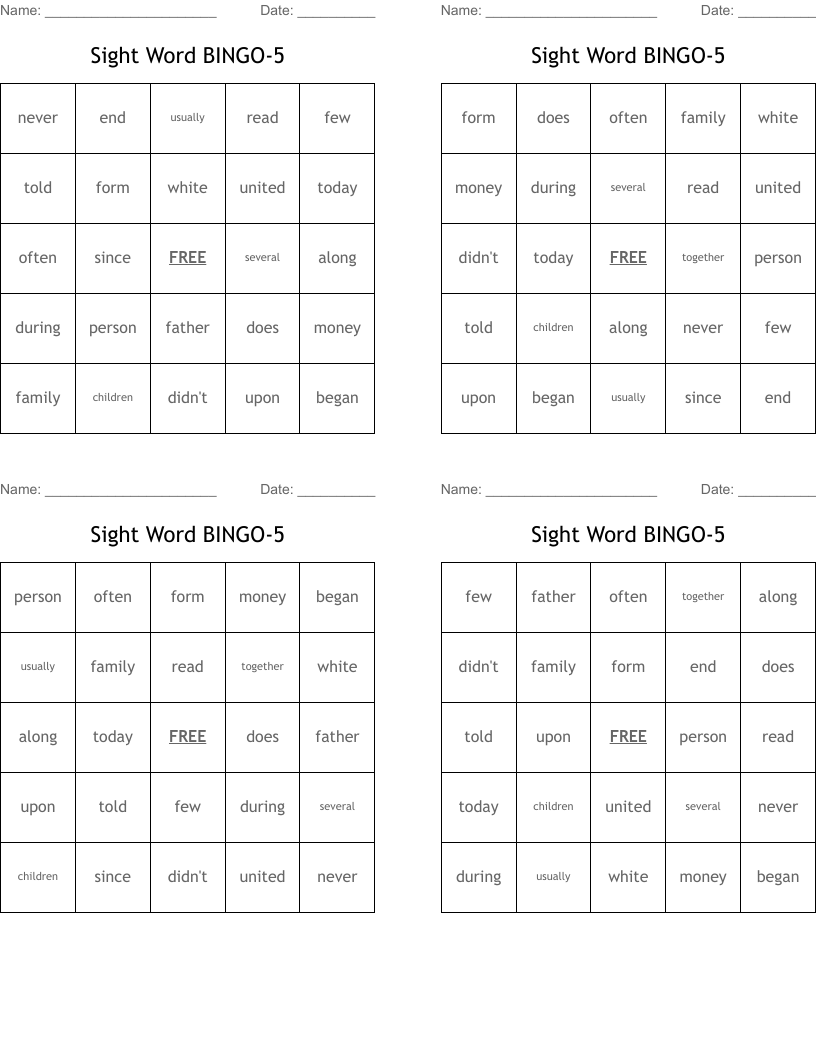 Sight Word BINGO-5