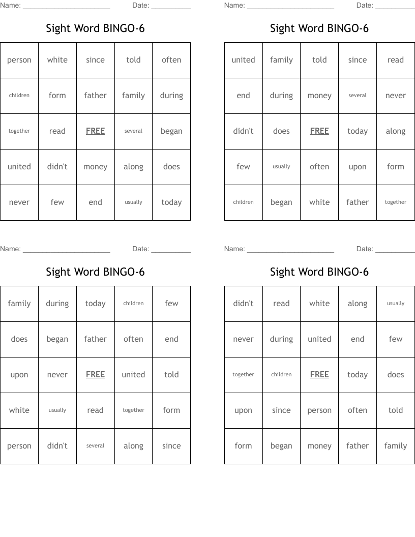 Sight Word BINGO-6