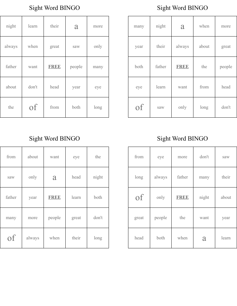 Sight Word BINGO