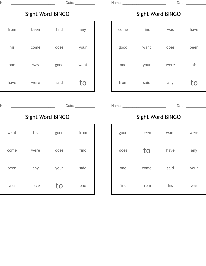 Sight Word BINGO