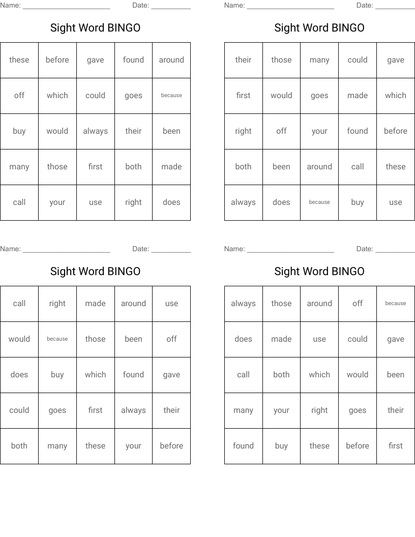Sight Word BINGO