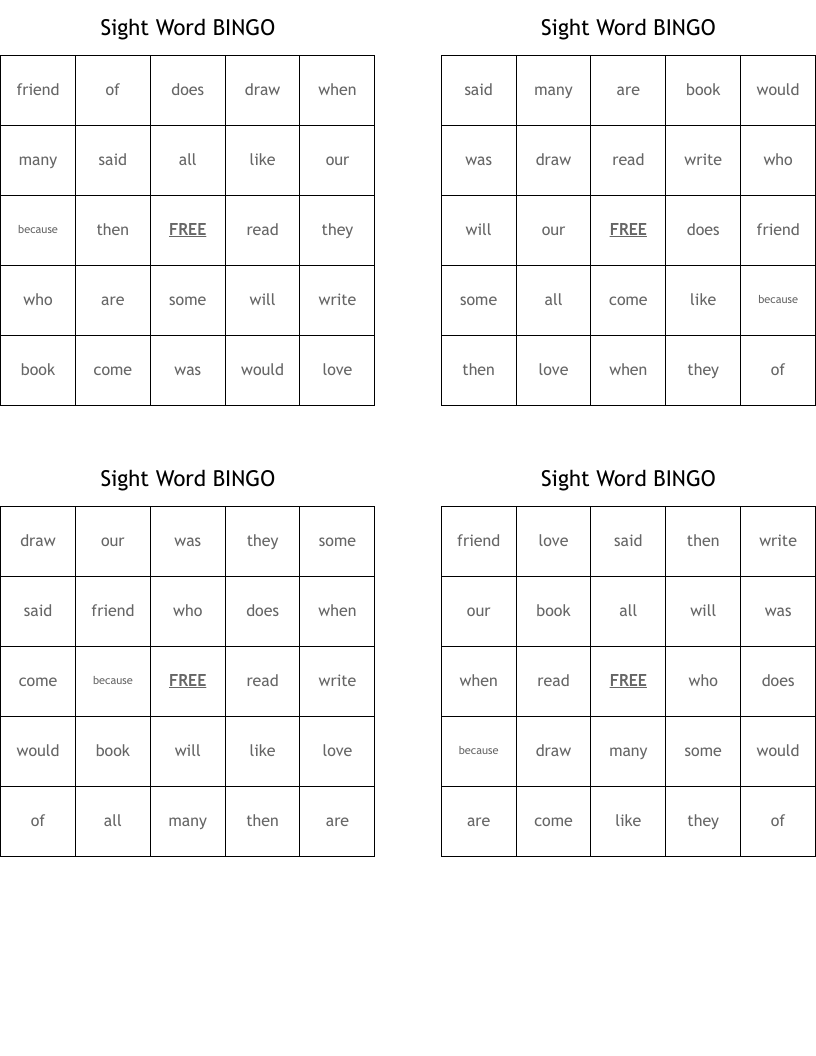 Sight Word BINGO