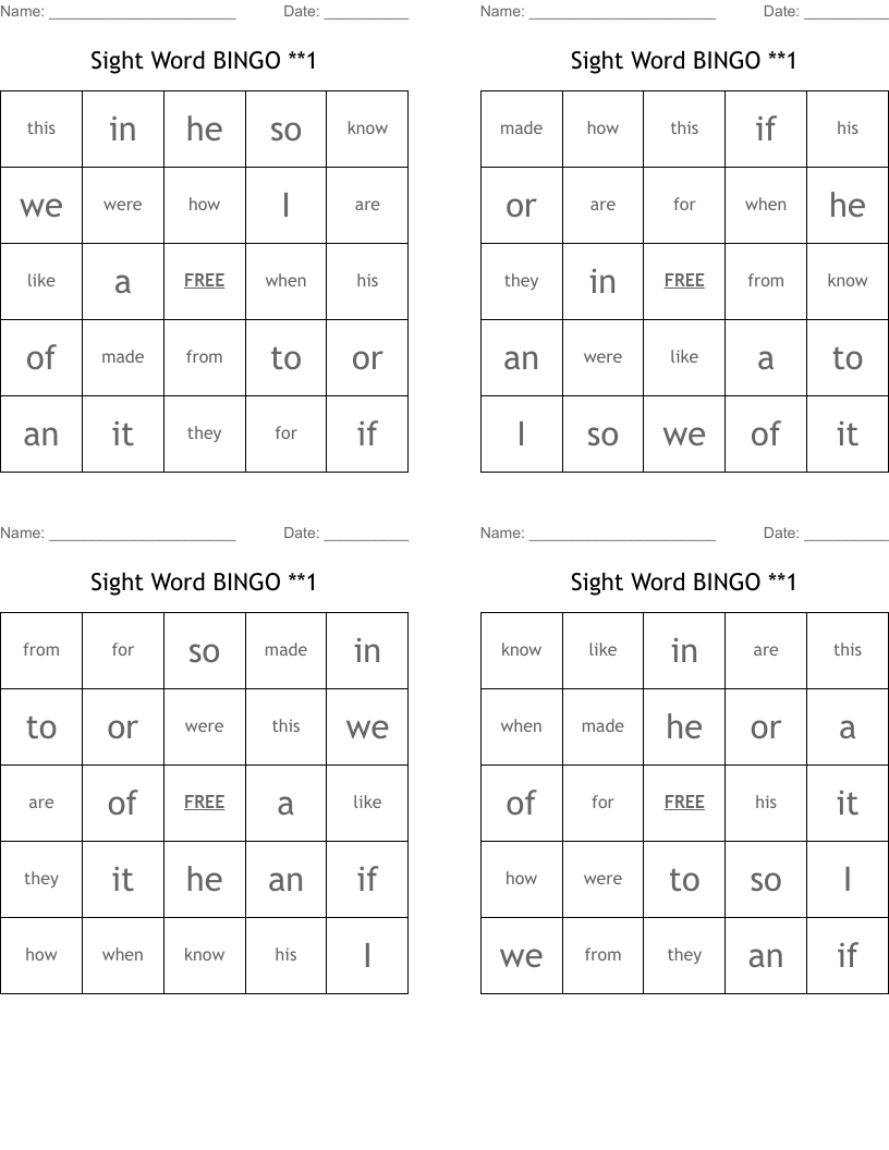 Sight Word BINGO **1