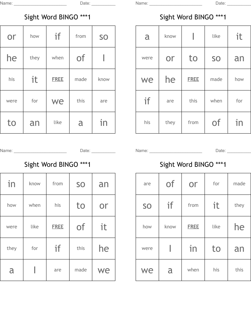 Sight Word BINGO ***1