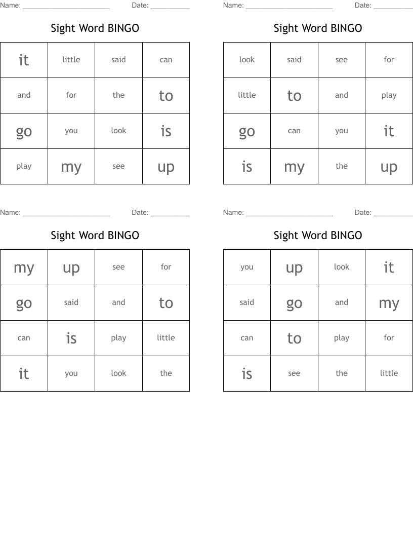 Sight Word BINGO