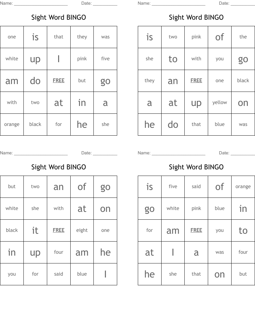Sight Word BINGO