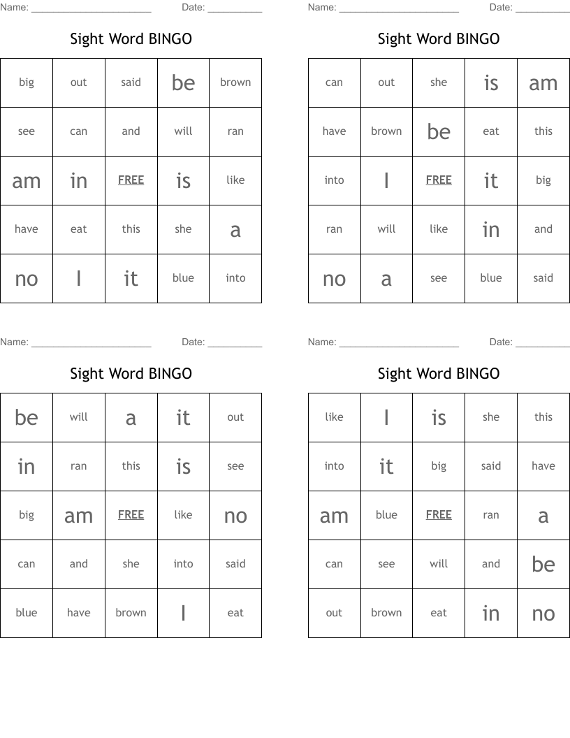 Sight Word BINGO