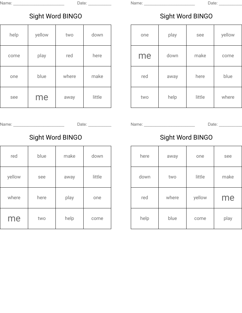 Sight Word BINGO