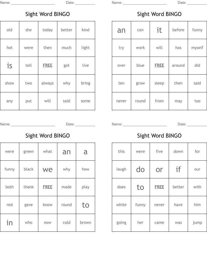 Sight Word BINGO