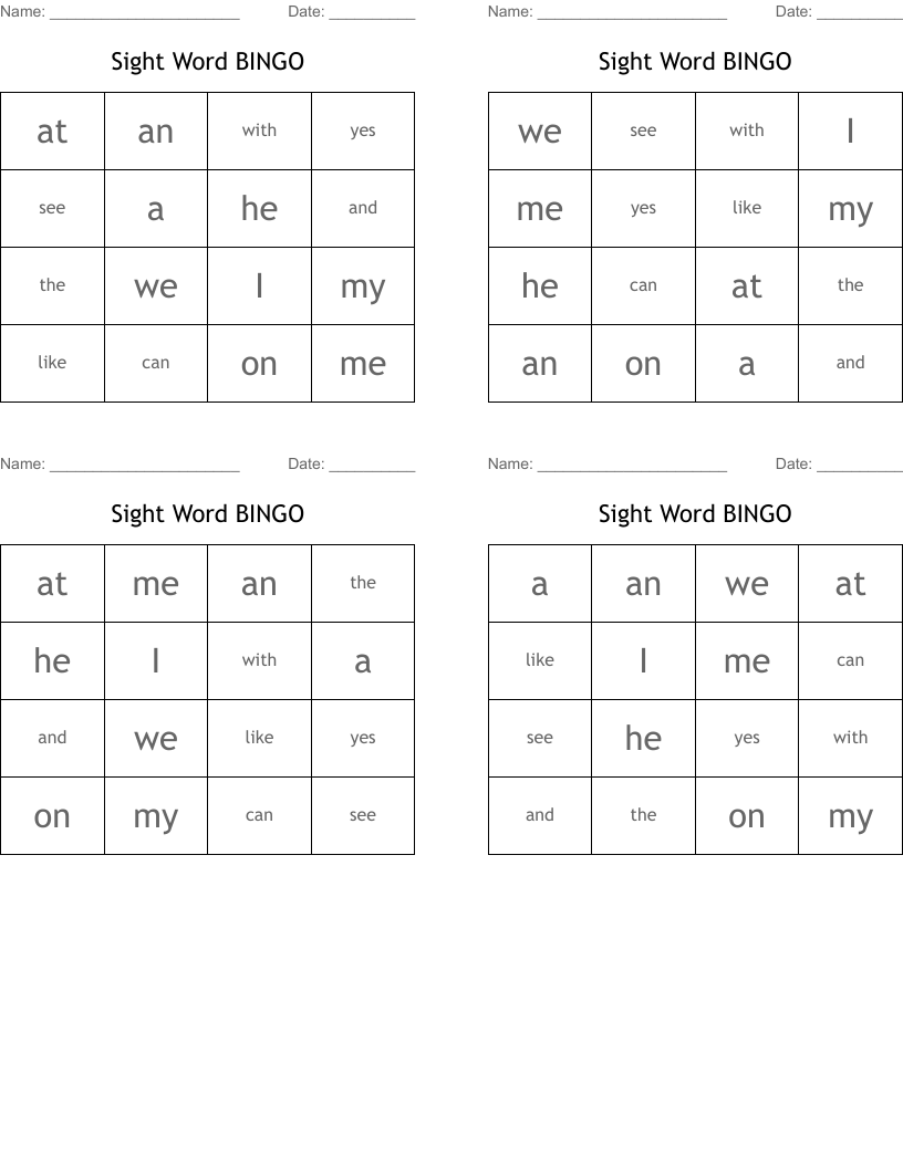 Sight Word BINGO