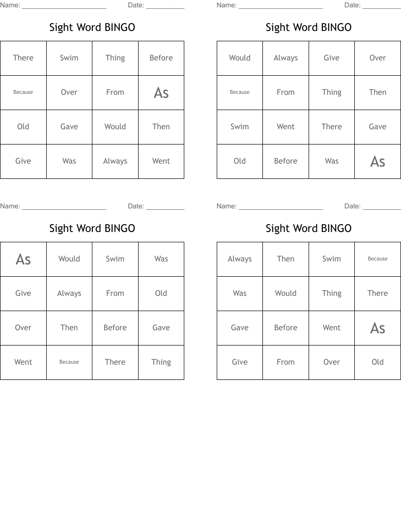 Sight Word BINGO