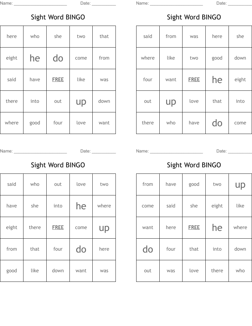 Sight Word BINGO