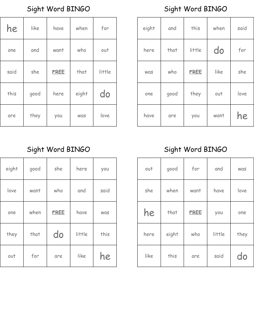 Sight Word BINGO