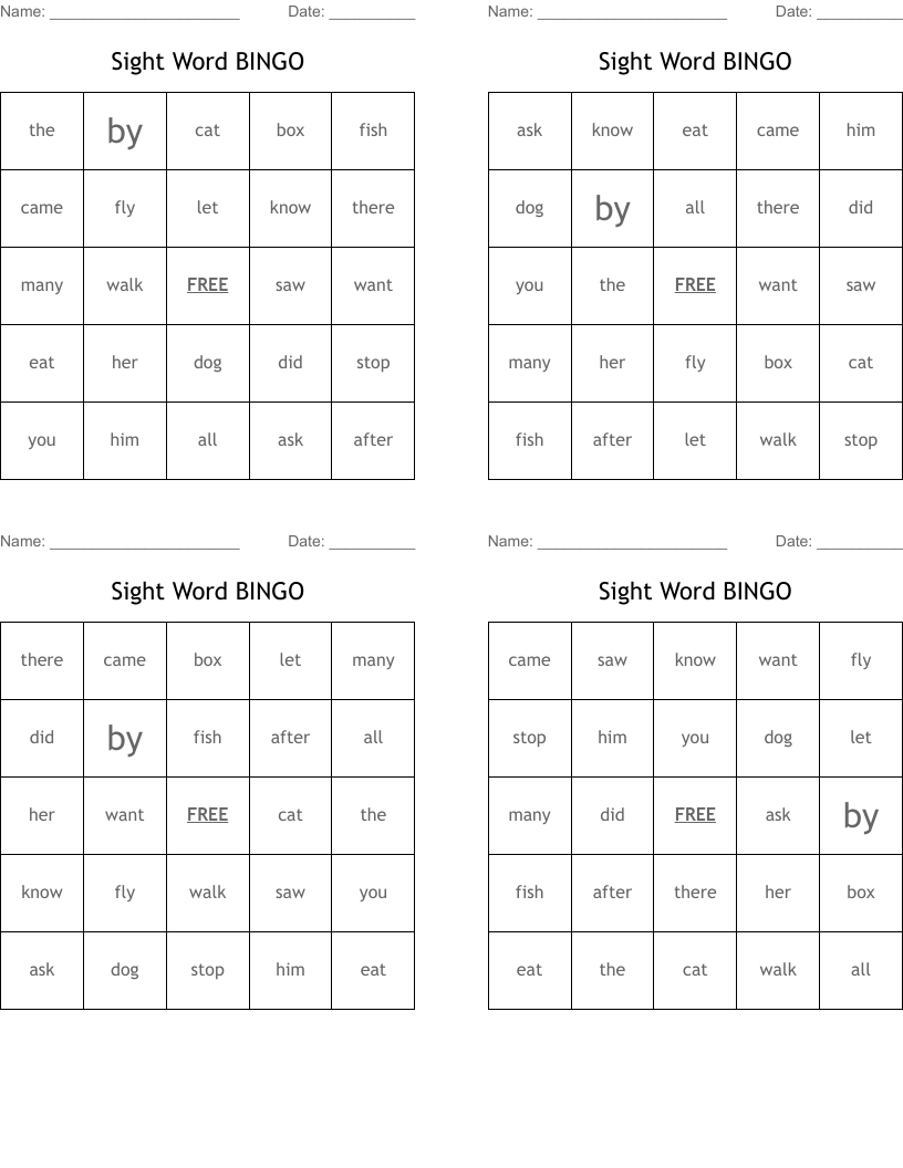 Sight Word BINGO