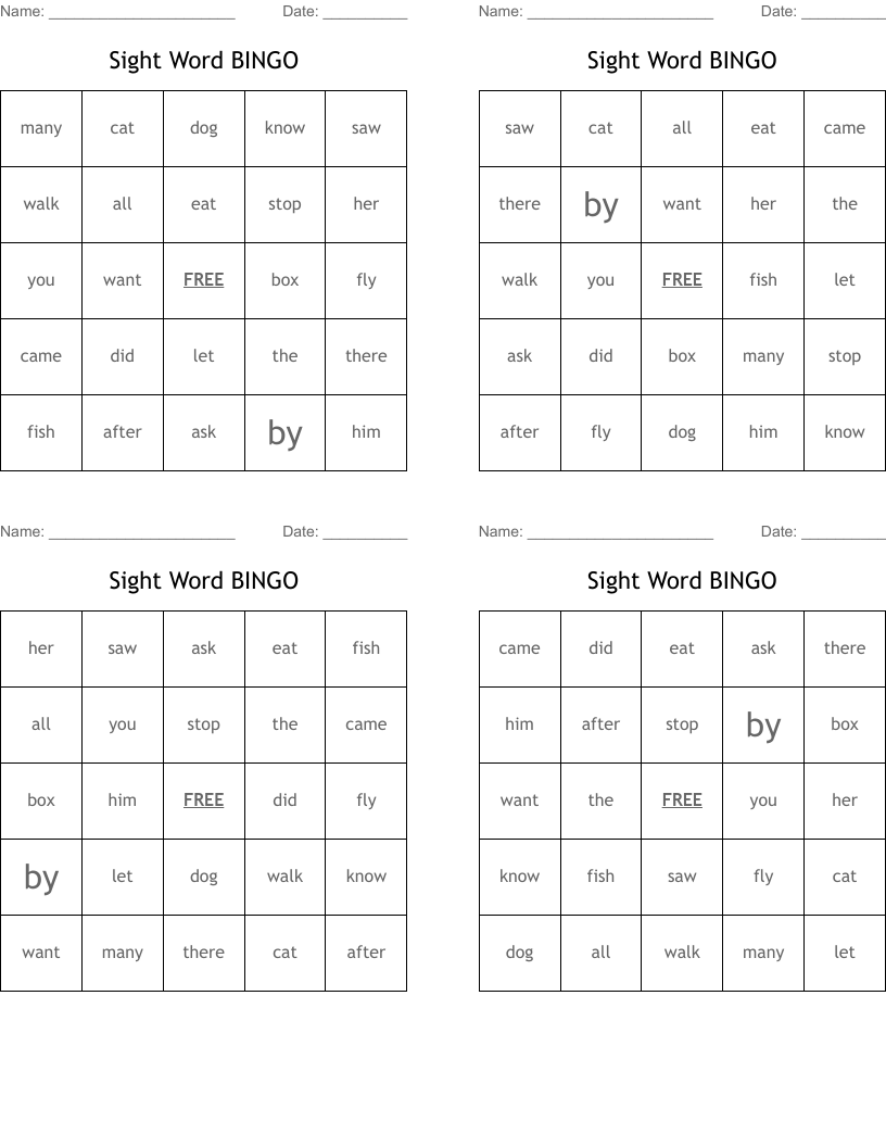 Sight Word BINGO