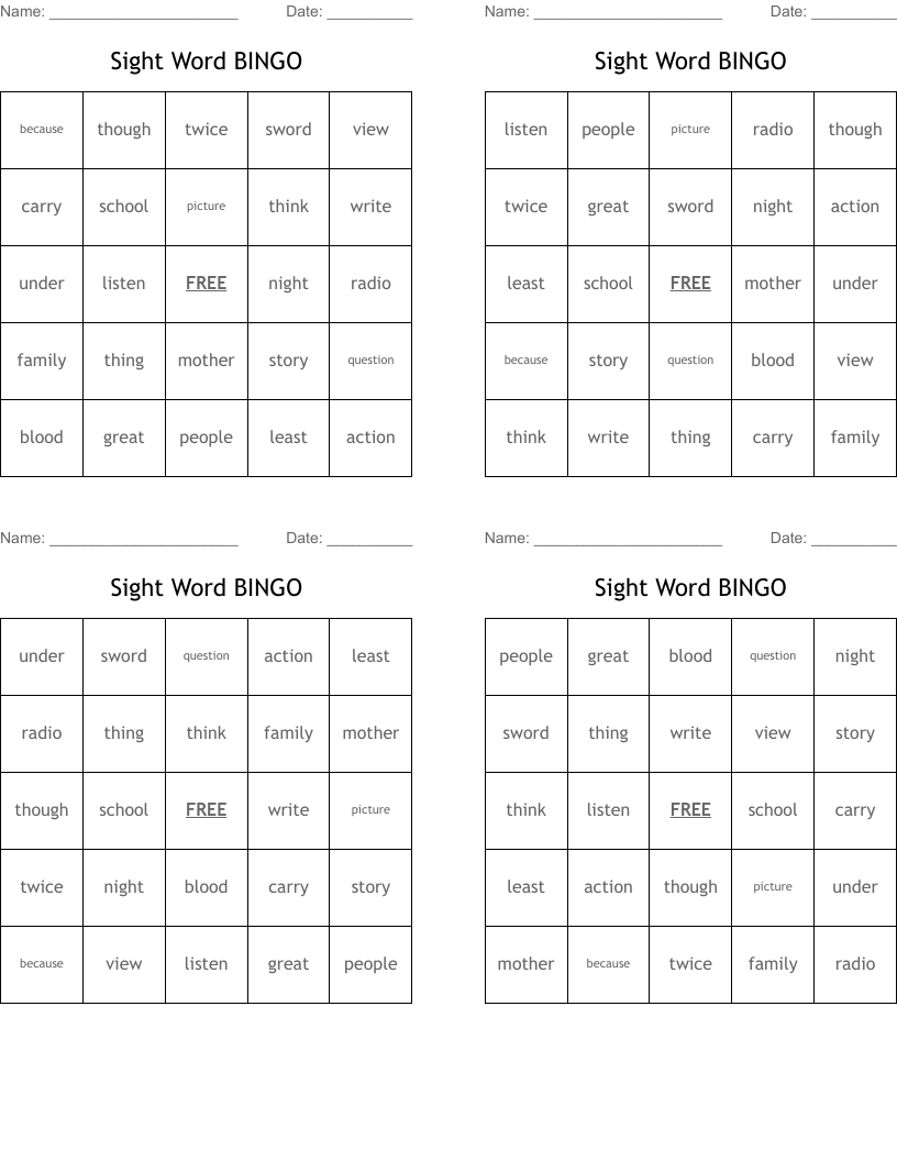 Sight Word BINGO