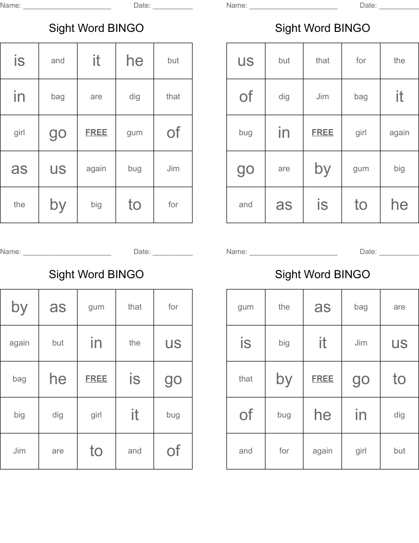 Sight Word BINGO
