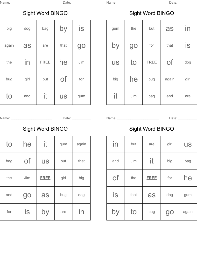 Sight Word BINGO