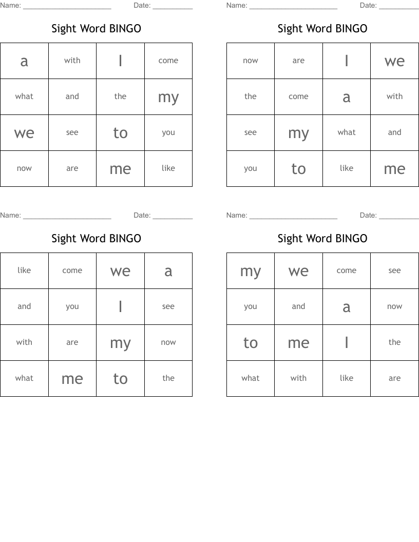 Sight Word BINGO